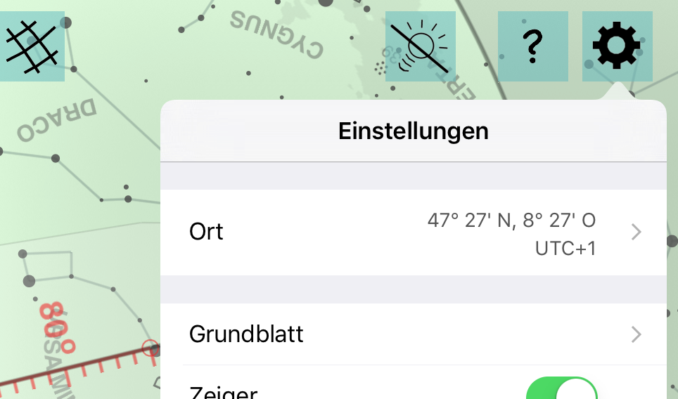 Aktueller Ort in der &Uuml;bersicht der Einstellungen
